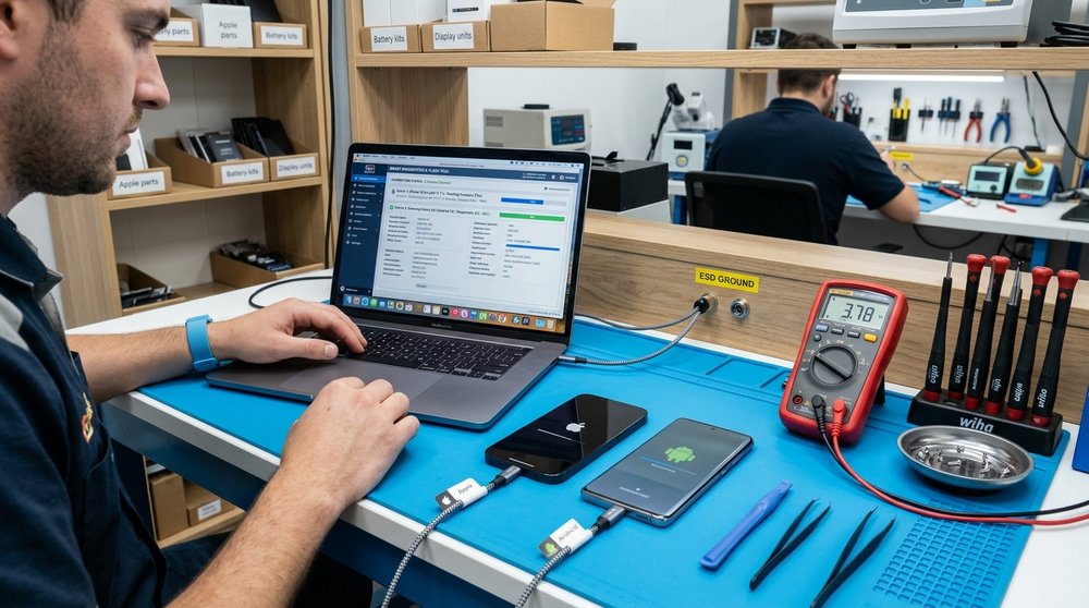 Smartphone software and firmware diagnostics workstation